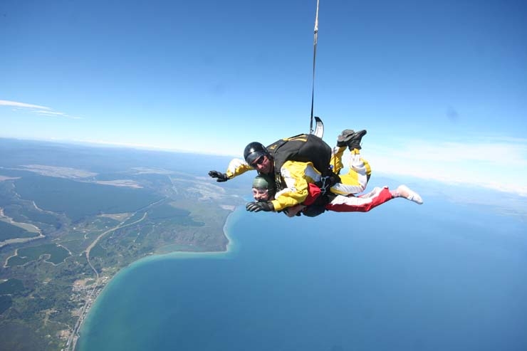 Hannah skydiving over Lake Taupo